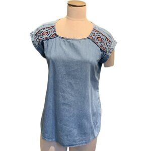 Canyon River Blues Cotton Chambray Embroidered Tribal Accent Top Sz L Blue #106A